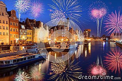 Happy New Year fireworks over Gdansk. Stock Photo