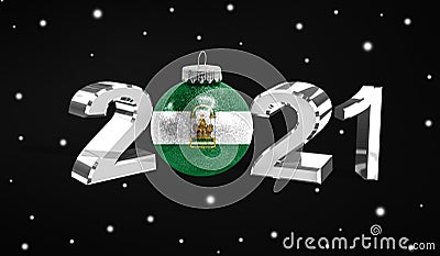 Happy new Year 2021, flag of Andalusia on a christmas toy, decorations isolated on dark background. Creative christmas concept Stock Photo