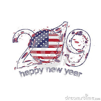 Happy New 2019 Year with flag of United States of America. Holiday grunge vector illustration. Vector Illustration