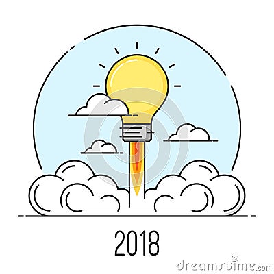 Happy New Year 2018 flat line art style concept. Startup and new Vector Illustration