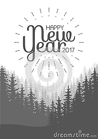 Happy New Year Flyer. Wild coniferous forest background. Pine tree, landscape nature, wood natural panorama. Cartoon Illustration