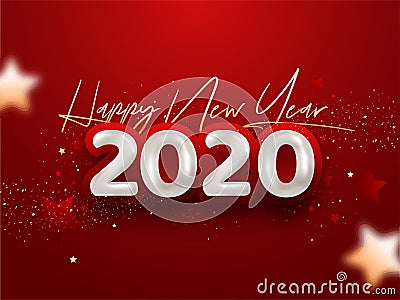 Happy New Year 2020 Font in Golden and White Color and Confetti Decorated Stock Photo