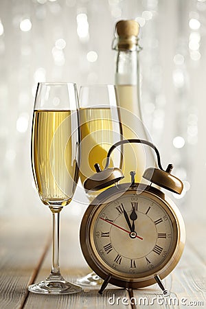 Happy new year - glasses of champagne and clock Stock Photo