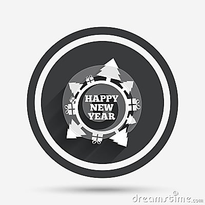 Happy new year globe sign icon. Gifts and trees. Vector Illustration