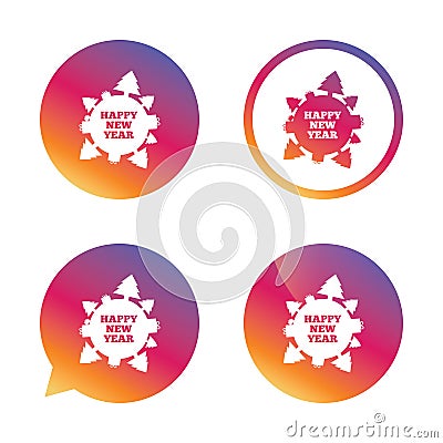 Happy new year globe sign icon. Gifts and trees. Vector Illustration