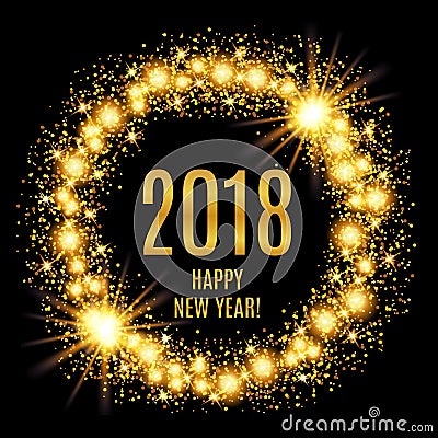 2018 Happy New Year glowing gold background. Vector Illustration