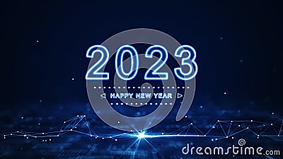 happy new year 2023. Glowing white numbers and letters stand out in the center. There are interconnected polygons below on a dark Stock Photo