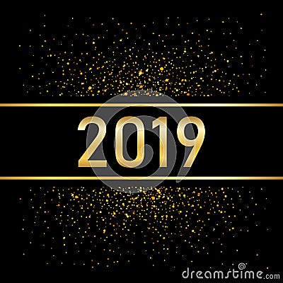 Happy New Year gold background. Golden number isolated on black. Glitter, light sparkle, shimmer, shine confetti. Design Vector Illustration