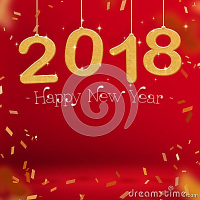 2018 Happy new year gold color and confetti hanging at red studio room,Hoilday greeting card,Mock up for display or montage of pr Stock Photo