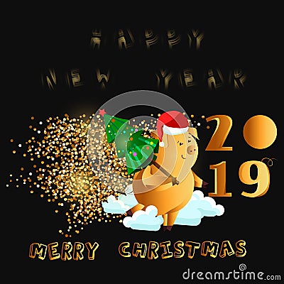 Happy New Year. Gold cute funny pig. Chinese symbol of the 2019 year. Excellent festive gift card for your design. Vector illustra Stock Photo