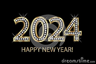 Happy new year 2024 gold diamonds and bling bling vector image Cartoon Illustration