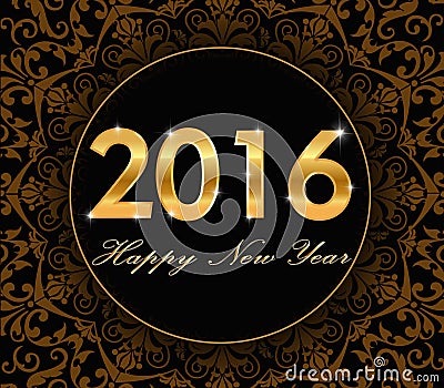 Happy New Year 2016 - gold floral pattern with 2016 typography card Vector Illustration