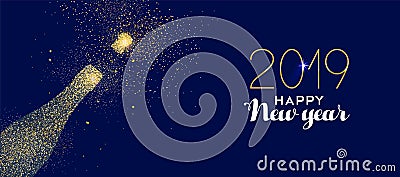 Happy New Year 2019 gold glitter champagne bottle Vector Illustration