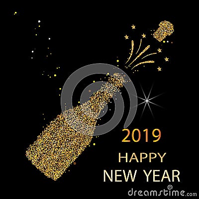 Happy new year. Gold glitter 2019. Champagne icon. Silhouette of a champagne bottle. Vector Vector Illustration