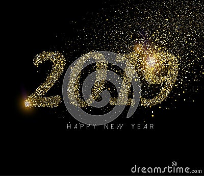 Happy New Year 2019 gold glitter dust holiday card Vector Illustration