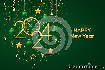 Happy New Year 2024. Gold metallic numbers 2024 and watch with Roman numeral and countdown midnight, eve for New Year. Hanging Vector Illustration