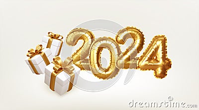 Happy New Year 2024 gold number and gift. Calendar header, greetings, Happy New Year 2024 greeting cards. 3d vector Cartoon Illustration