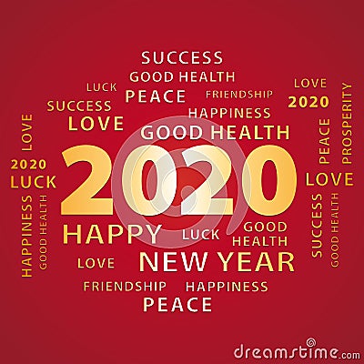 2020 Happy New Year gold and red greeting card. Vector Illustration