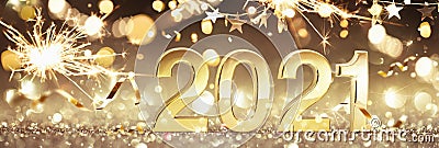 Happy New Year 2021. Golden Background with Confetti Stock Photo