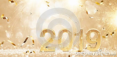 Happy New Year 2019. Golden Background with Confetti Stock Photo