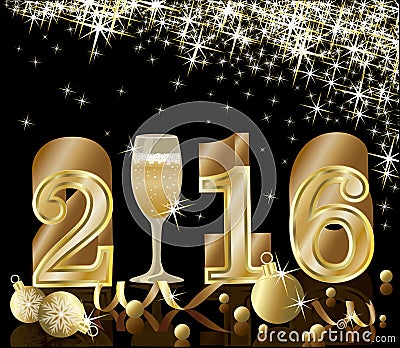 Happy New year 2016. golden card with champagne, vector Vector Illustration