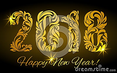 Happy New Year 2018. The golden figures from a floral ornament e Vector Illustration