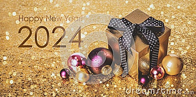 Happy New Year 2024! Golden gift box Stock Photo