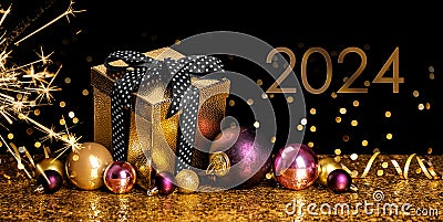 Happy New Year 2024! Golden gift box Stock Photo