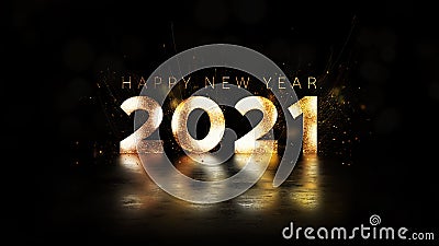 Happy New Year 2021 golden particles bokeh black background new year resolution concept. Stock Photo