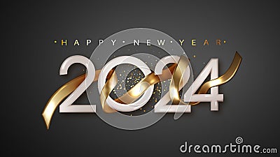 Happy New Year 2024 with golden realistic ribbon on black background. Vector realistic holiday illustration for Vector Illustration