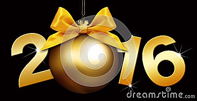 Happy new year 2016 golden text with ball on black background Stock Photo