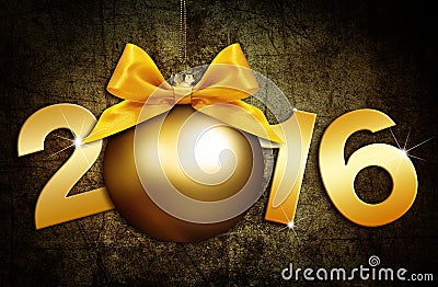 Happy new year 2016 golden text with ball in grunge background Stock Photo