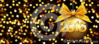 Happy new year 2016 golden text on ball in lights background Stock Photo