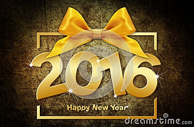 Happy new year 2016 golden text with box and ribbon Stock Photo