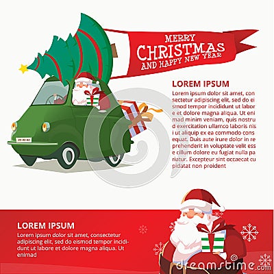 Happy New Year Green Car with Santa Claus Design Template Vector Illustration