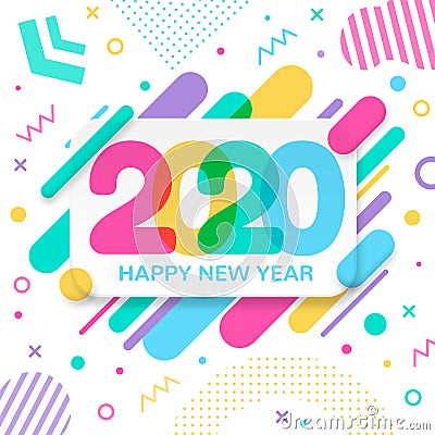 2020 Happy New Year greeting card with abstract colored rounded shapes lines and diagonal rhythm and memphis style Vector Illustration