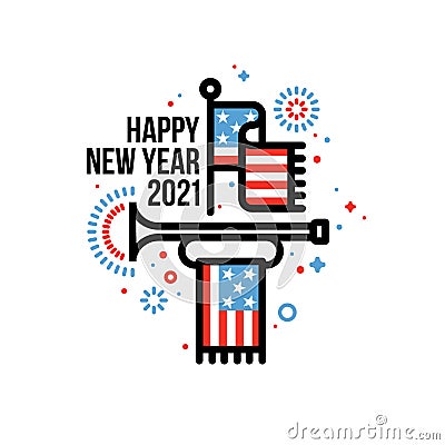 Happy New Year 2021 greeting card with American flag and cavalry bugle. Patriotic vector illustration in line art style Vector Illustration