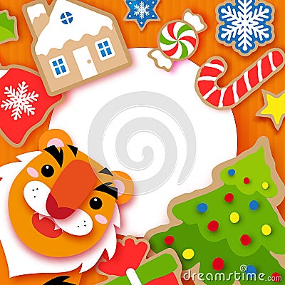 Happy New Year greeting card. Chinese Tiger New Year, Christmas Santa,tree, bell, gift, deer, snowflakes, lollipop Stock Photo