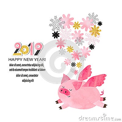 Happy New Year 2019 greeting card. Cute watercolor flying pig. Vector Illustration