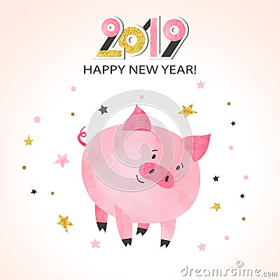 Happy New Year 2019 greeting card. Cute watercolor pig Vector Illustration