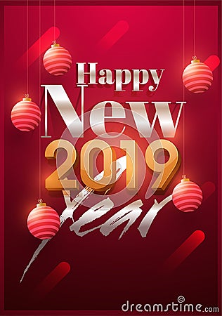 Happy New Year 2019 greeting card design decorated with realistic baubles on glossy red background. Stock Photo