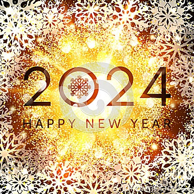 Happy New Year 2024 greeting card design on glowing abstract background with glittering confetti elements and snowflakes Cartoon Illustration