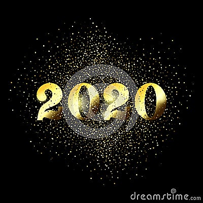 Happy New Year 2020 greeting card of glitter gold Christmas confetti on premium black background Vector Illustration