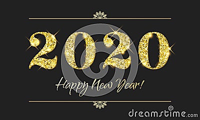 Happy New Year 2020 greeting card of glitter gold Christmas confetti on vector premium background Vector Illustration