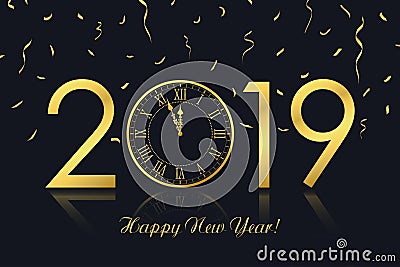 Happy New Year 2019 greeting card with gold clock and golden confetti. Vector. Vector Illustration