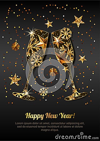 Happy New Year greeting card with gold drinking glasses. Holiday black glowing background. Vector Illustration