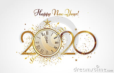 Happy New Year greeting card. Golden 2020 countdown, christmas party clock and luxury gold confetti congratulation Vector Illustration