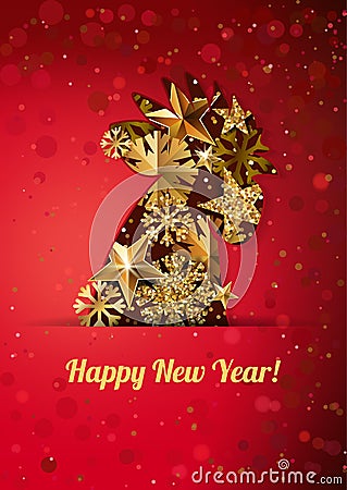 Happy New Year 2017 greeting card with golden rooster on red background. Chinese calendar decoration. Vector Illustration