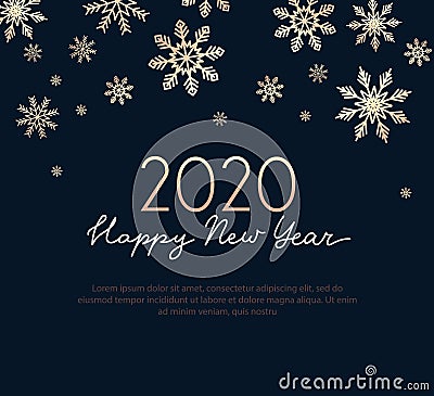 Happy new year greeting card with golden snowflakes and navy blue background. Line style luxury design template for invitations, Vector Illustration