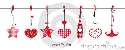 Happy new year greeting card with hanging heart, stars and wine bottle Vector Illustration